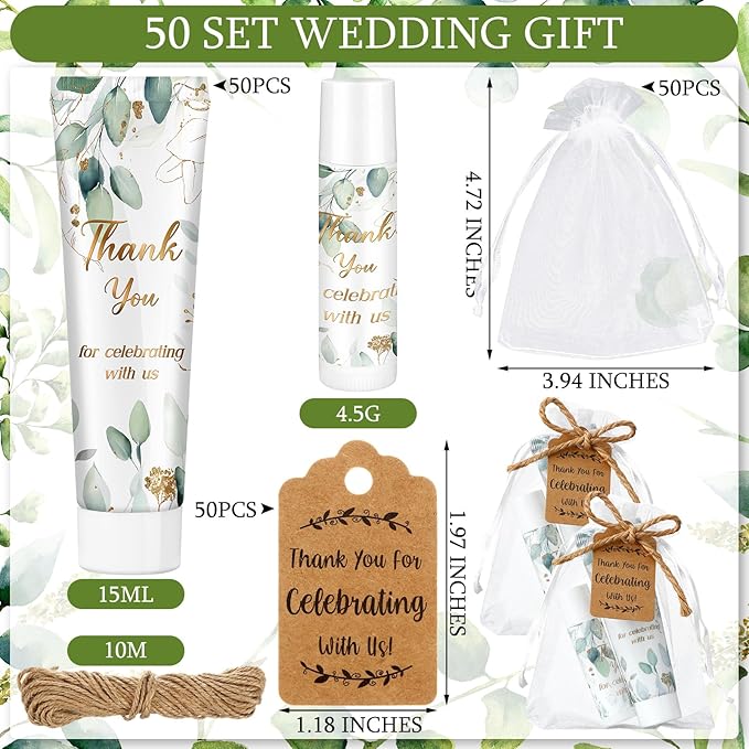 200 Pcs Baby Shower Wedding Party Favors Gift Set, 50 Pcs Baby Shower Hand Cream and 50 Lip Balm for Wedding Bridesmaid Guests Gift Supplies with 50 Organza Bag 50 Thank You Tag(Eucalyptus)-FemmiqueWomen