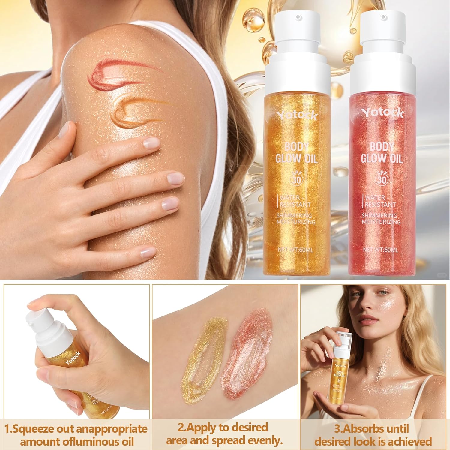 Body Glow Oil, SPF30 Moisturizing Body Oil Shimmer Rose Gold Mica Sunscreen,Coconut Glitter Body Oils for Women Nourishes Dry Skin, Lightweight, Moisturizer and Water Resistant 3.38 fl oz-FemmiqueWomen