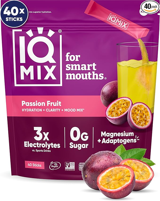 IQMIX Hydration Electrolyte Powder – 4-in-1 Formula for Hydration, Mental Clarity, Mood and Recovery – Sugar-Free Drink Mix, Keto, Magnesium L-Threonate, Lion’s Mane – 40 Count Passion Fruit-FemmiqueWomen