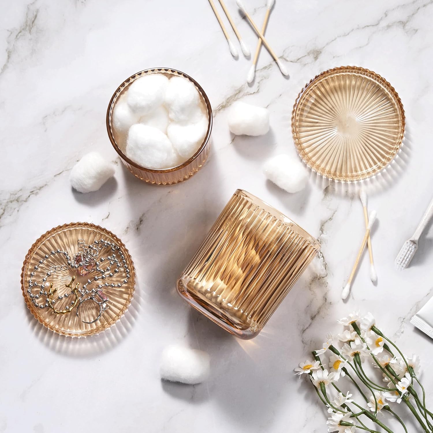 2 Pack Glass Qtip Holder Dispenser Set - Bathroom Organizer for Cotton Swabs, Balls, Pads, Floss Picks - Clear Apothecary Jars for Vanity, Makeup Storage, Bathroom Accessories Decor (Amber)-FemmiqueWomen