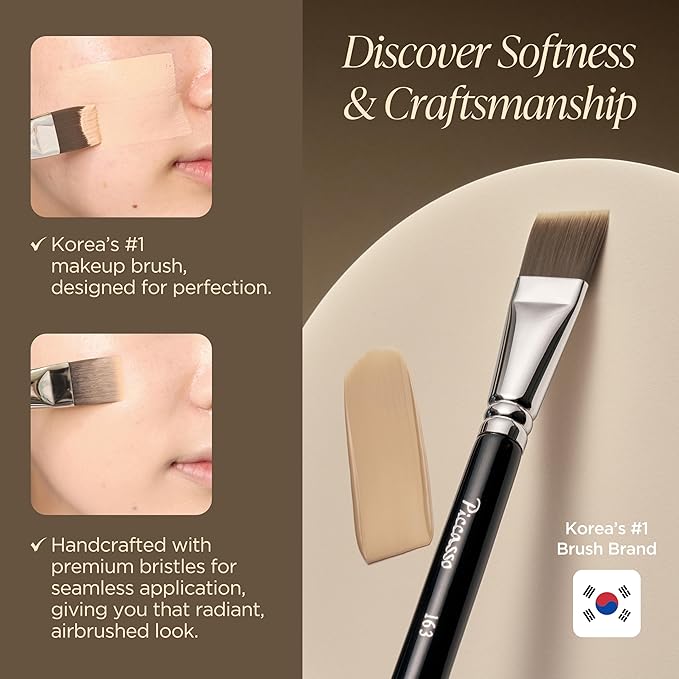 Piccasso 163 Foundation Brush – Dense Makeup Brush for Liquid & Cream Foundation, Soft Synthetic Bristles for Flawless Coverage and Face Makeup, Professional Korean Beauty Tool for Daily-FemmiqueWomen