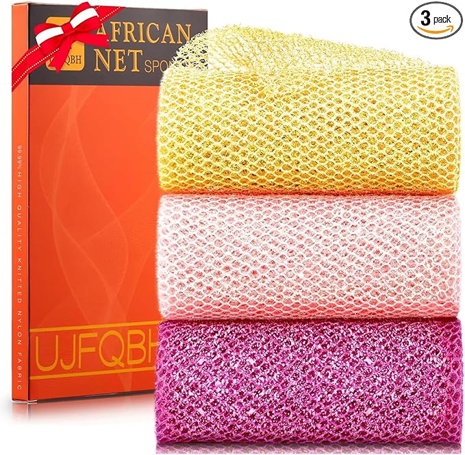 3 Piece Bright Style African exfoliating net Exfoliating Shower Set Long Bath Sponges for Smooth, Refreshed Skin, The Exterior Gleams - Ideal for Daily Use (Bright Yellow, Pink, Purple)-FemmiqueWomen