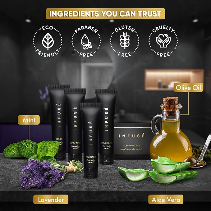 Infuse Black Amenity Kit | Boxed Hotel Toiletries | Bulk Set 1 oz Travel Size Shampoo, Conditioner, Lotion, Body Wash & Cleansing Bar for Guest Hospitality AirBnB/Vacation Rentals | 75 Pieces-FemmiqueWomen