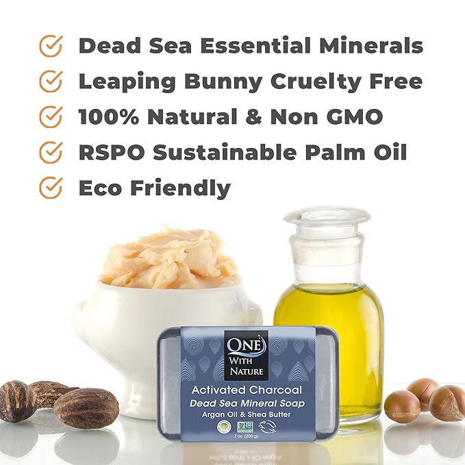 One With Nature Activated Charcoal Soap 4oz 6-Pack Gift Box – Detoxifying and Exfoliating Charcoal Soap Bar with Dead Sea Salt for Face & Body, for Men & Women-FemmiqueWomen