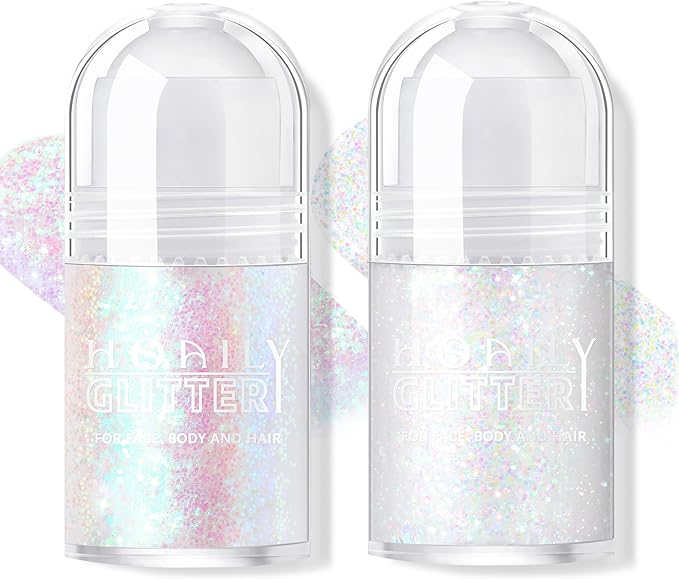 2 Colors Roll-on Body Glitter Gel, Holographic Glitter Gel Under Light for Face Hair, Body Shimmer for Rave Accessories Christmas New Year Halloween Makeup (11+13)-FemmiqueWomen