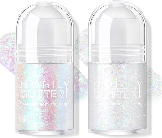 2 Colors Roll-on Body Glitter Gel, Holographic Glitter Gel Under Light for Face Hair, Body Shimmer for Rave Accessories Christmas New Year Halloween Makeup (11+13)-FemmiqueWomen