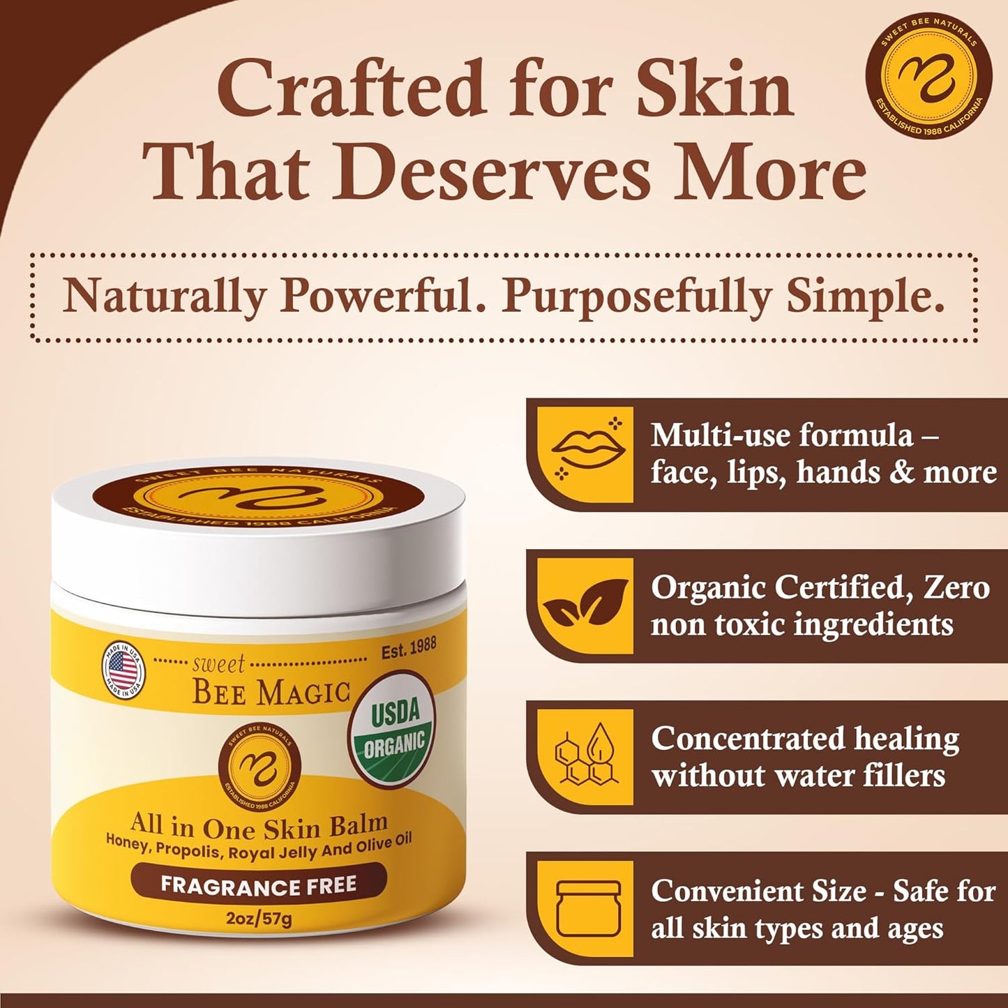 Sweet Bee Magic All In One Healing Organic Balm - Natural Skin Healing Cream, Beeswax Balm for Dry Skin, Face & Body Moisturizer - Certified Organic, All Natural Aid - 2 Jars (2oz Each,4oz Total)-FemmiqueWomen