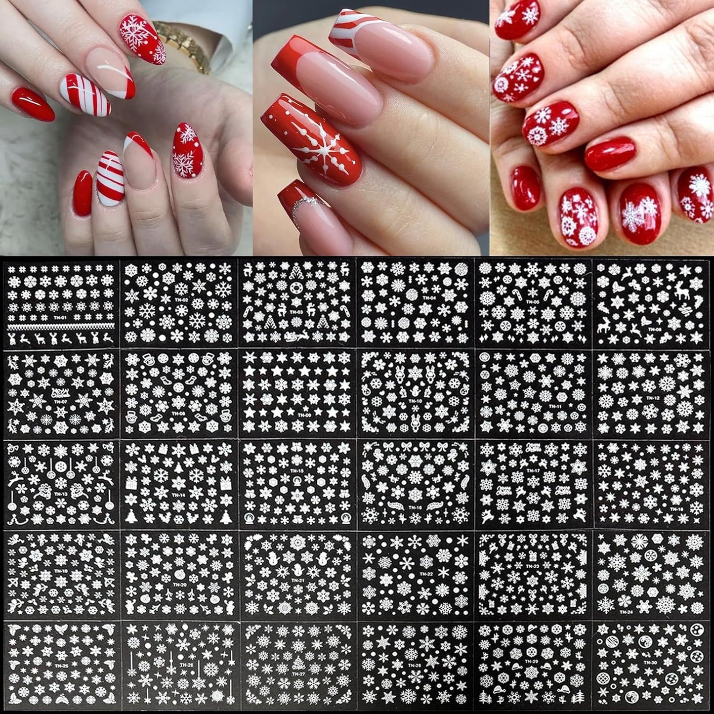30 Sheets Christmas Nail Art Stickers 3D Self-Adhesive Snowflake Holiday Nail Stickers White Snowmen Santa Claus Elk Decals Decorations Supplies for Women (Snowflake)-FemmiqueWomen