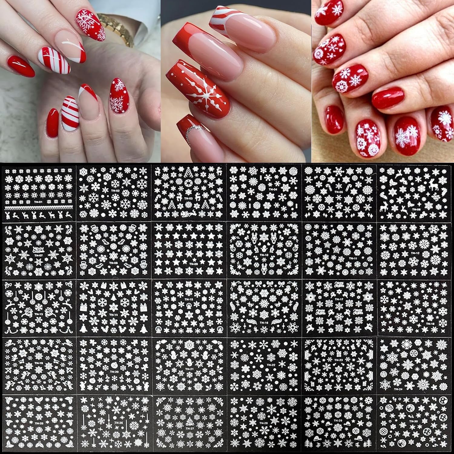 30 Sheets Christmas Nail Art Stickers 3D Self-Adhesive Snowflake Holiday Nail Stickers White Snowmen Santa Claus Elk Decals Decorations Supplies for Women (Snowflake)-FemmiqueWomen