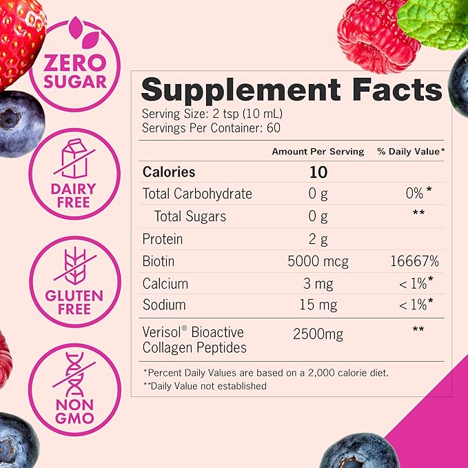 Zena Nutrition Liquid Collagen Peptides and Biotin, 2500mg Verisol Bioactive Collagen Peptides, 5000mcg Biotin, Hair, Skin, Nail Supplement for Women and Men, Mixed Berry, 60 Servings, 20.3 fl oz-FemmiqueWomen