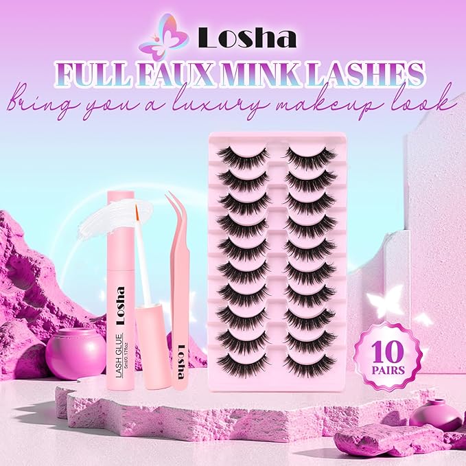 Losha Lashes Fluffy False Eyelashes 10 Pairs Spiky Cat Eye Lashes Kit with Lash Glue and Lash Tweezers 3D Volume Fake Eyelashes Soft Faux Mink Lashes Pack (Bold)-FemmiqueWomen