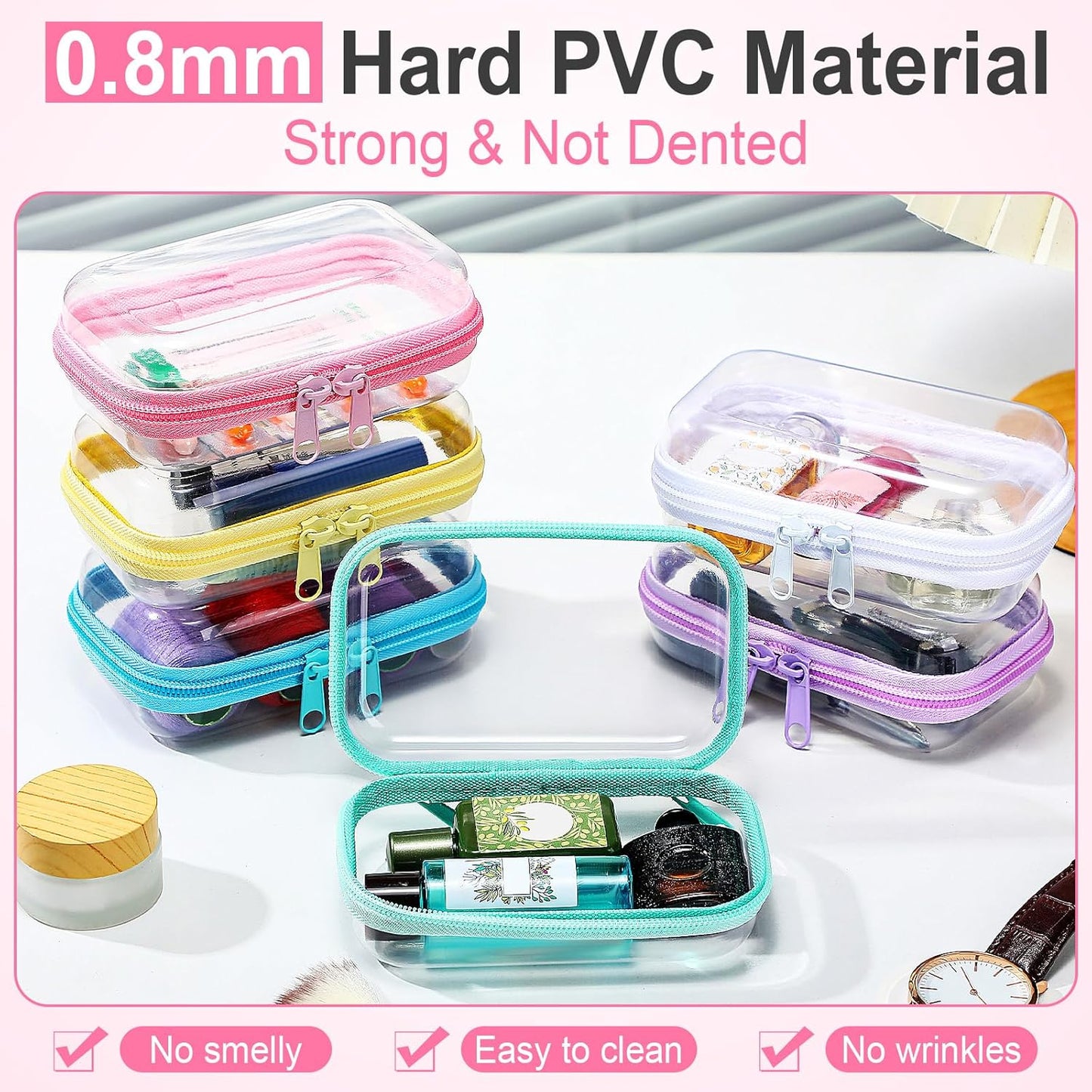 Sanwuta 6 Pcs Clear Hard Zipper Case Pencil Pouches Hard Plastic Zipper Pouches Makeup Bag Transparent Cases for Snacks Plastic Storage Organizer Box for Travel (Colorful,5 x 3 x 2 Inch)-FemmiqueWomen