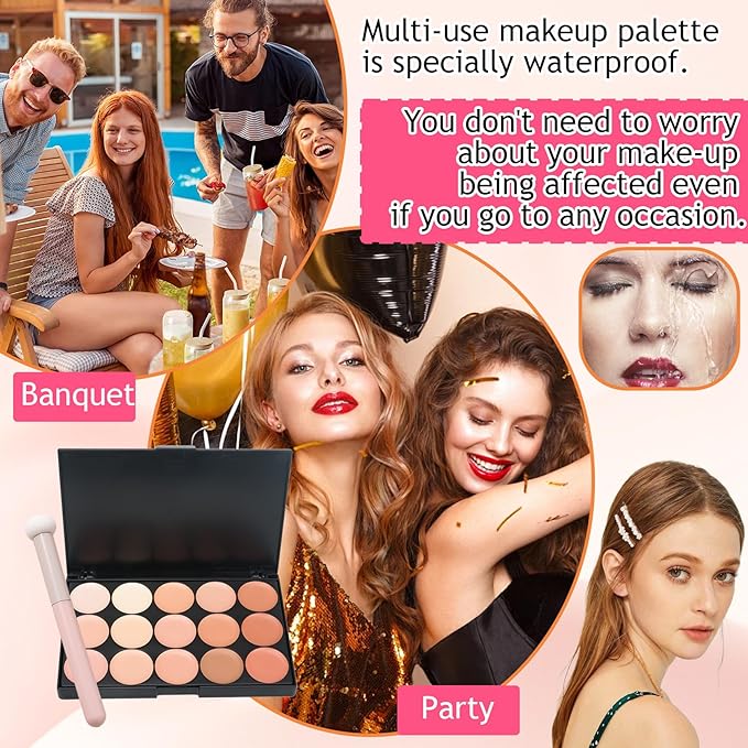 15 Colors Cream Contour Palette,Lightweight Concealer Full Coverage Contouring Liquid Foundation Palette,Multi-use Blendable Color Corrector Concealer Palette with Makeup Sponge-FemmiqueWomen