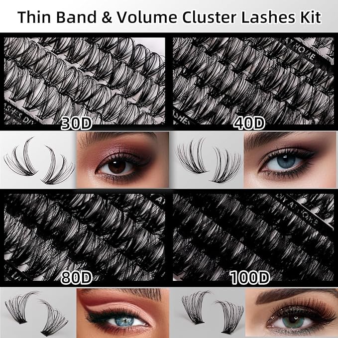 Lash Clusters 320pcs Lash Extension Kit 30D 40D 80D 100D Individual Lashes Kit 12-20mm Eyelash Extension Kit with Lash Bond&Seal,Lash Remover and Lash Tweezers for Easy Use(30/40/80/100D-0.07D Kit))-FemmiqueWomen