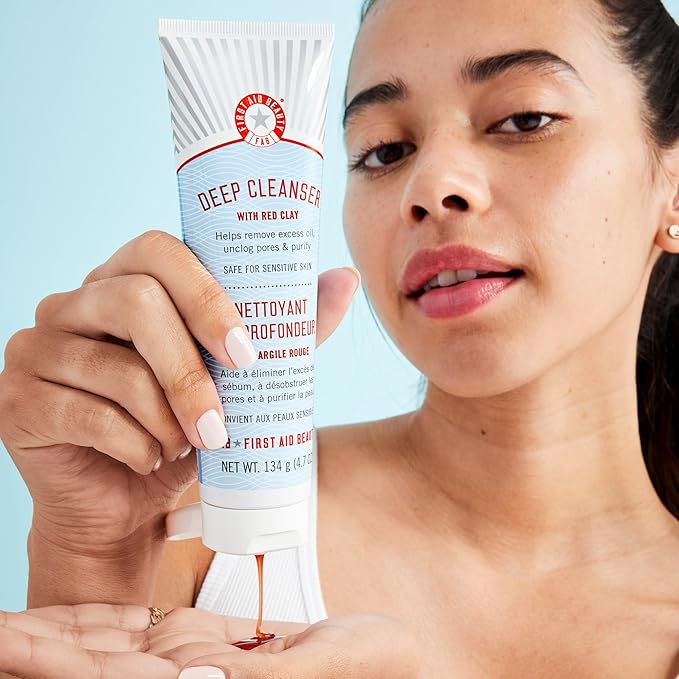 First Aid Beauty - Pure Skin Deep Cleanser with Red Clay, Deep Cleansing Face Wash with Antioxidant Booster for Oily and Blemish-Prone Skin, Reduce Oil & Unclog Pores, Safe for Sensitive Skin, 4.7 oz-FemmiqueWomen