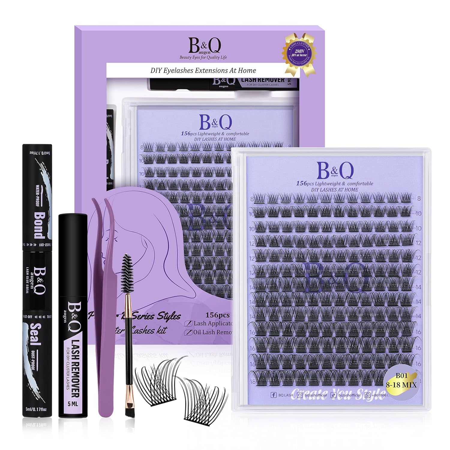 Lash Extension Kit B01 Eyelash Extension Kit B&Qaugen DIY Lash Extension Kit 156 PCS Lash Clusters 8-18mm Cluster Eyelash Extensions Kit with Lash Bond and Seal Lash Applicator Tool (Kit,B01)-FemmiqueWomen