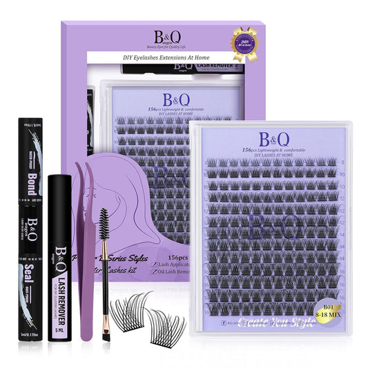 Lash Extension Kit B01 Eyelash Extension Kit B&Qaugen DIY Lash Extension Kit 156 PCS Lash Clusters 8-18mm Cluster Eyelash Extensions Kit with Lash Bond and Seal Lash Applicator Tool (Kit,B01)-FemmiqueWomen