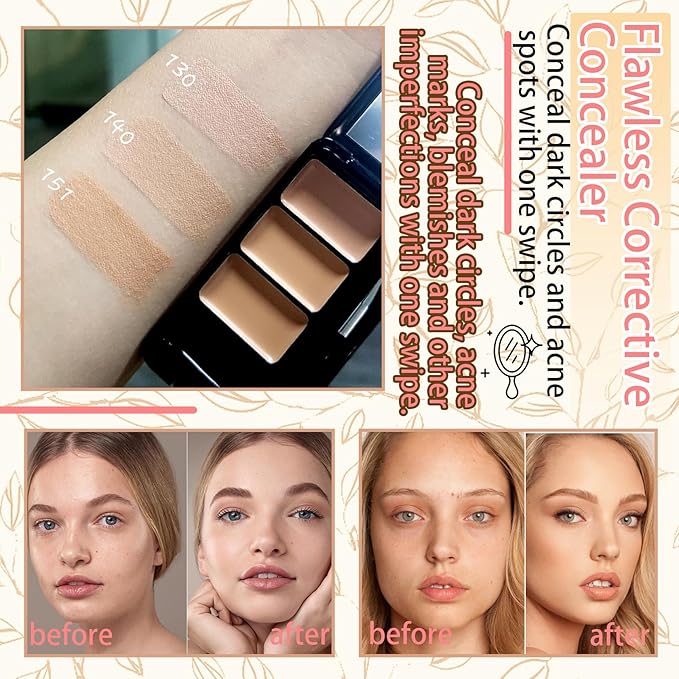 3 Colors Corrector Palette,Moisturizing Long Lasting Waterproof Cream Contour Makeup Palette,Color Correcting Concealer,Natural Flawless Full Coverage Liquid Foundation Set with Makeup Brushes-FemmiqueWomen