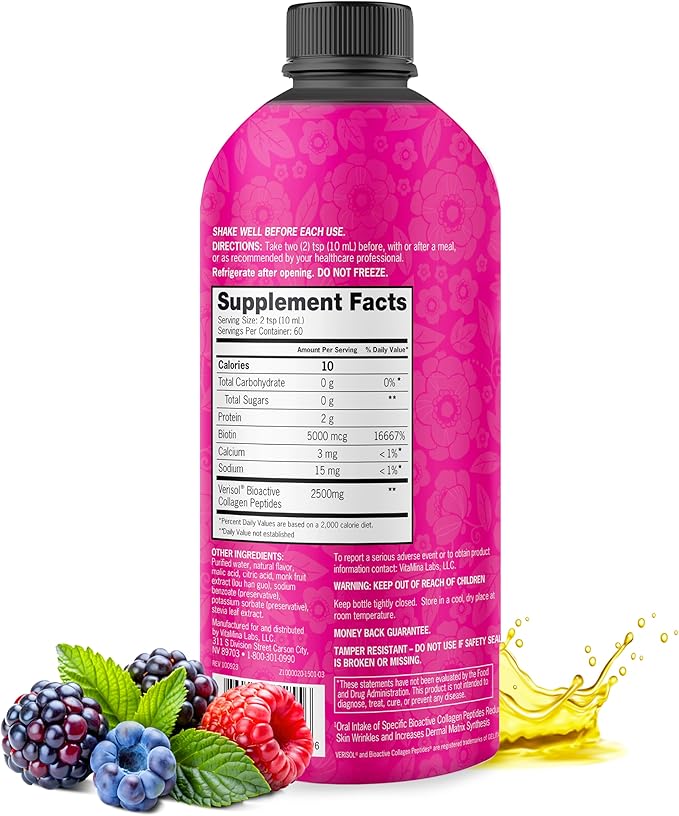 Zena Nutrition Liquid Collagen Peptides and Biotin, 2500mg Verisol Bioactive Collagen Peptides, 5000mcg Biotin, Hair, Skin, Nail Supplement for Women and Men, Mixed Berry, 60 Servings, 20.3 fl oz-FemmiqueWomen