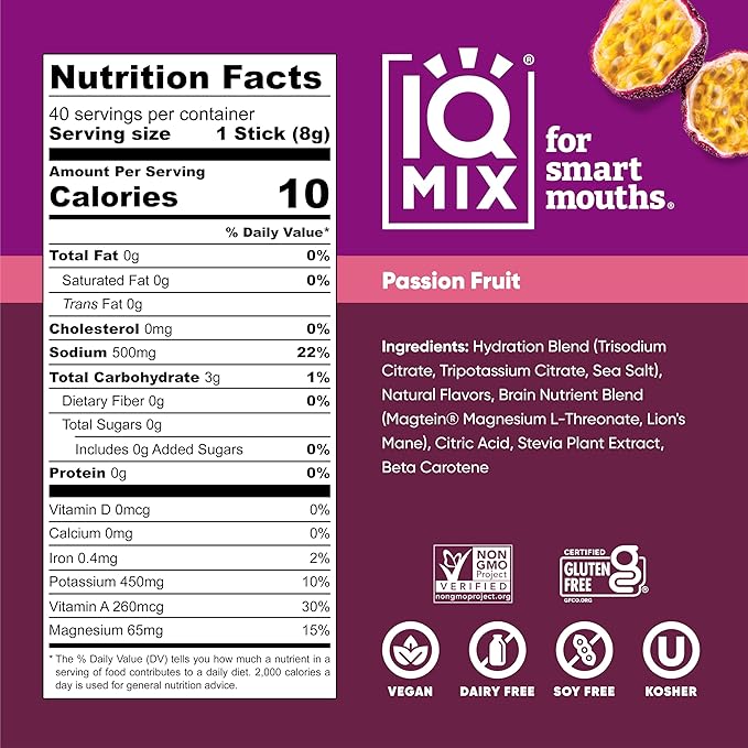 IQMIX Hydration Electrolyte Powder – 4-in-1 Formula for Hydration, Mental Clarity, Mood and Recovery – Sugar-Free Drink Mix, Keto, Magnesium L-Threonate, Lion’s Mane – 40 Count Passion Fruit-FemmiqueWomen