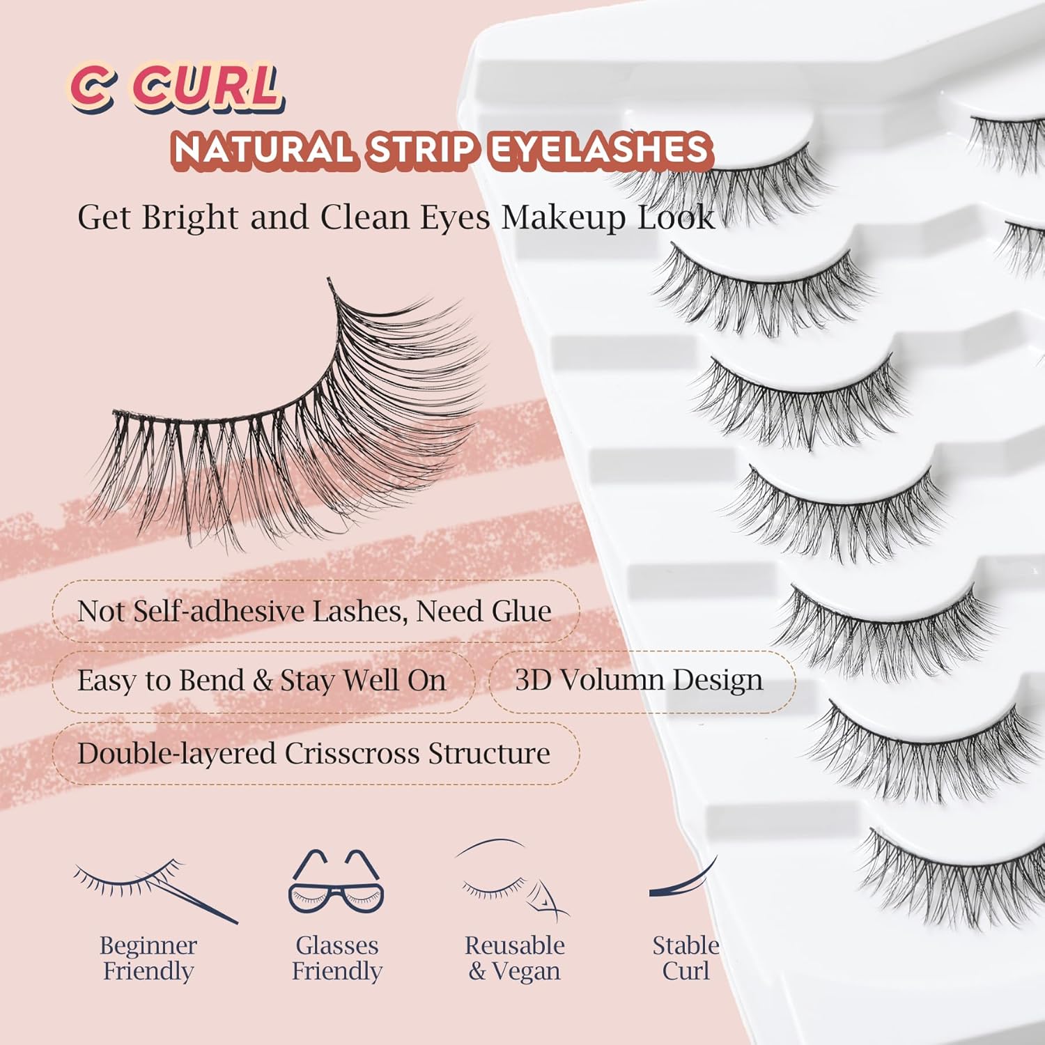 Lashes Wispy Eyelashes False Eyelashes 10MM Short Lash Thin Band Strip Lashes Natural Lashes 3D Volume Eyelashes Soft False Lashes 7 Pair Siligli-FemmiqueWomen