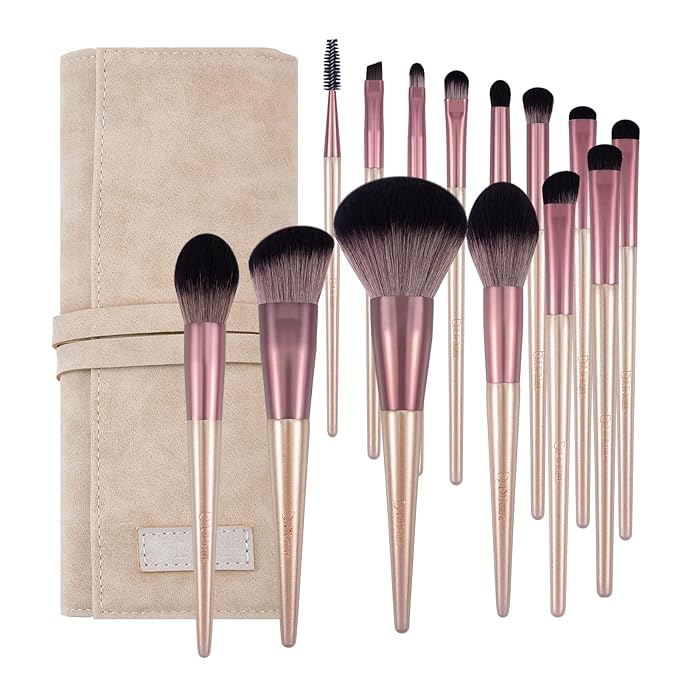 DUcare Makeup Brushes with Bag - 14Pcs Professional Synthetic Make Up Brushes Set for Blush Concealer Foundation Bronzer Powder Eyebrow Eyeshadow Blending Makeup Brush Set Mekaup bag, Rose Golden-FemmiqueWomen
