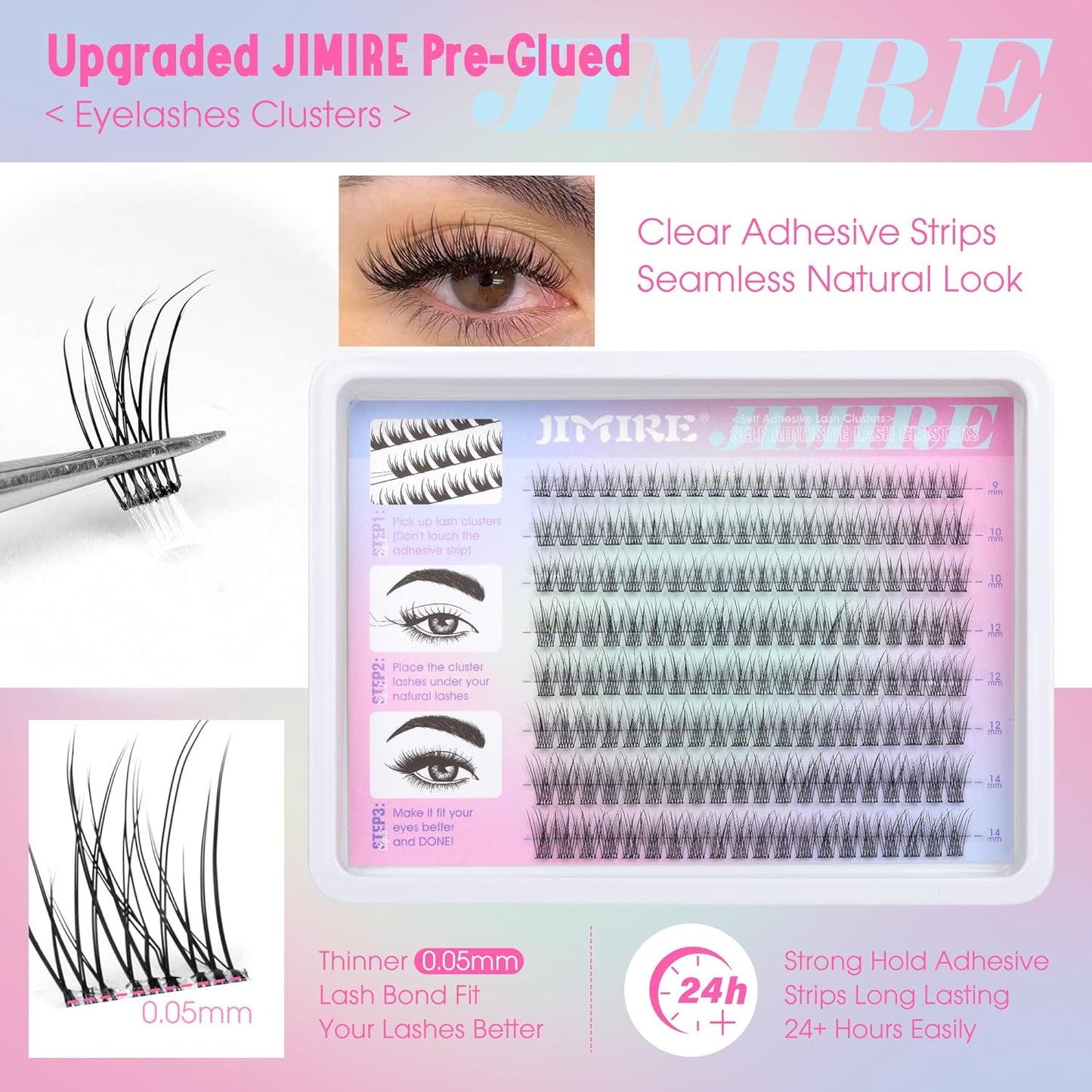 JIMIRE 160Pcs Self Adhesive Eyelashes Natural Look 9-14MM Wispy Pre Glued Lash Clusters No Glue Needed Press on Lashes Clusters Reusable Self Adhesive Eyelash Clusters Beginners Friendly-FemmiqueWomen