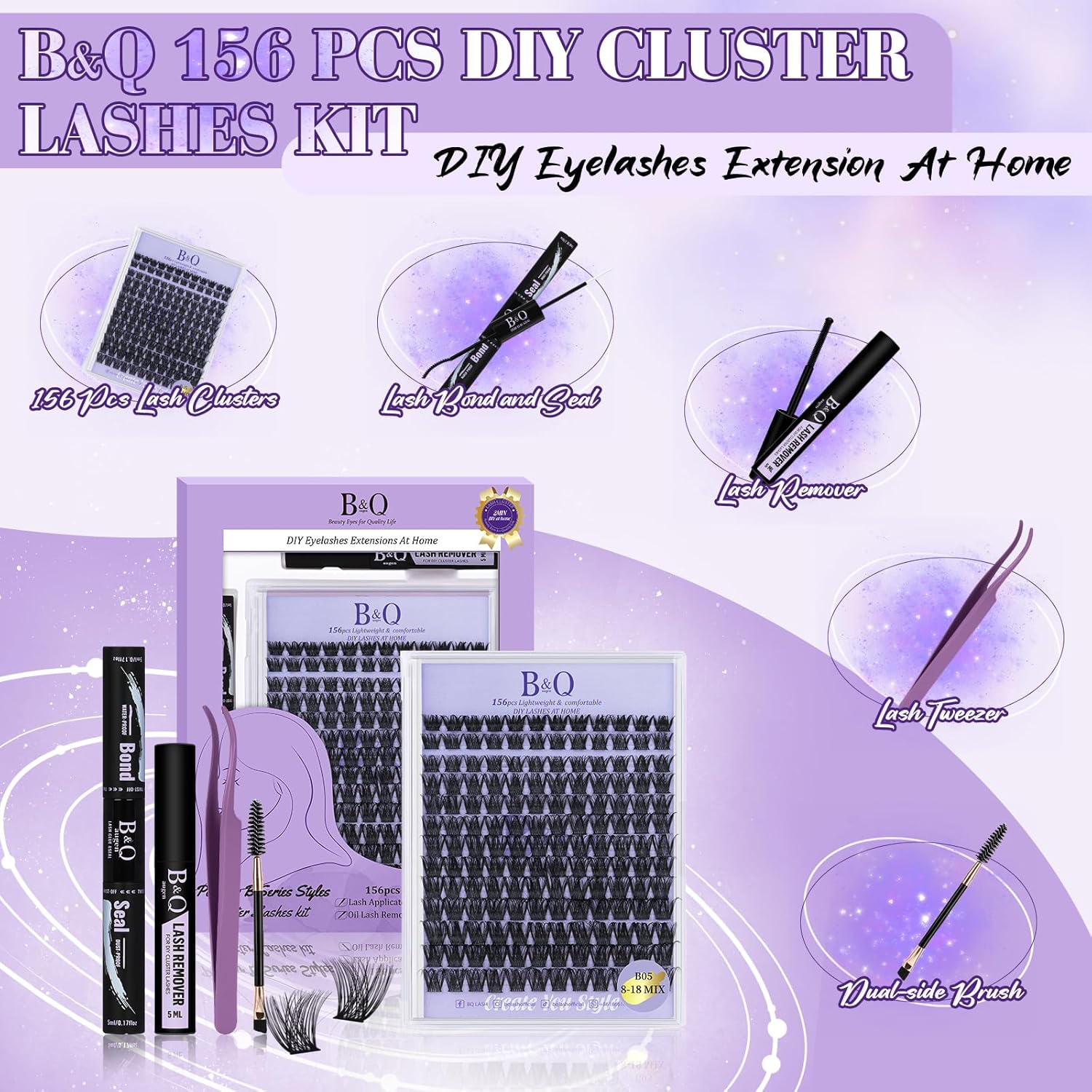 B&Q Lash Clusters 156PCS Lash Clusters Kit B05 DIY Lash Extension Kit Eyelash Extension Kit 8-18mm Lashes Clusters with Lash Bond & Seal Lash Applicator Tool for Self Use (Kit,B05)-FemmiqueWomen
