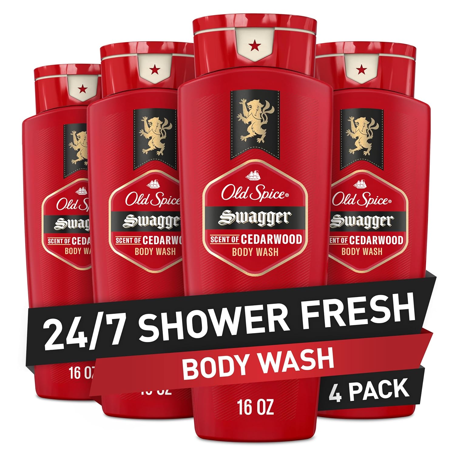 Old Spice Refreshing Body Wash for Men, 3X Defense, 24/7 Shower Fresh with Long Lasting Scent, Red Collection, Swagger with Cedarwood Scent, 16 oz (Pack of 4)-FemmiqueWomen