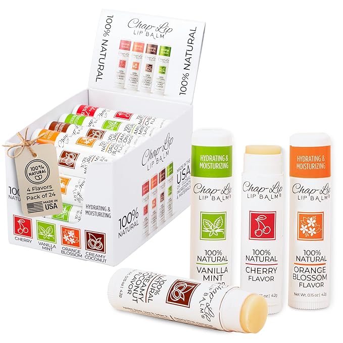 100% Natural Lip Balm Set - Hydrating and Moisturizing Beeswax Natural 4 Flavor Assortment - Lip Moisturizer for Dry Lips - Cocoa Butter - Petroleum Free Pack of 24-FemmiqueWomen