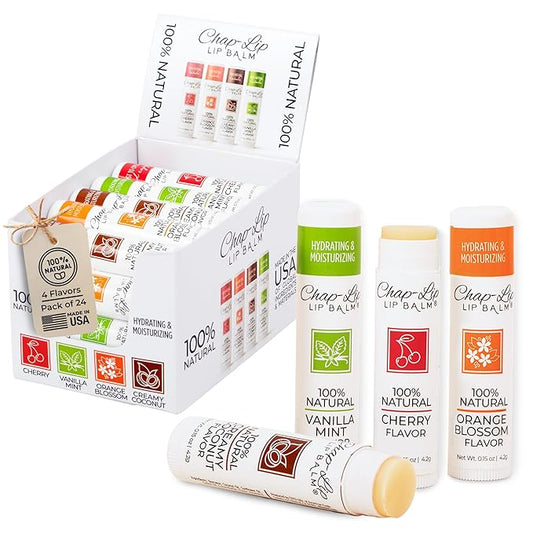 100% Natural Lip Balm Set - Hydrating and Moisturizing Beeswax Natural 4 Flavor Assortment - Lip Moisturizer for Dry Lips - Cocoa Butter - Petroleum Free Pack of 24-FemmiqueWomen