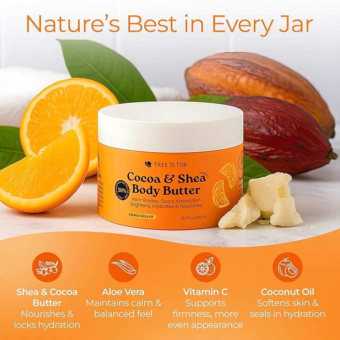 Tree to Tub Shea Body Butter for Dry, Extremely Dry, Sensitive Skin - Moisturizing Body Cream for Women & Men, Hydrating Body Lotion Moisturizer w/Vitamin C, Organic Cocoa, Citrus Scent-FemmiqueWomen