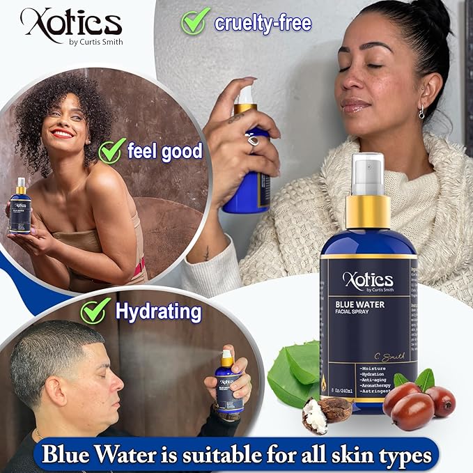 Xotics Blue Water Facial Spray - 8oz - Hydrating Face Mist with Aloe Vera - Refreshing Toner for Men & Women, Aftershave, Daily Moisturizing Splash for All Skin Types-FemmiqueWomen
