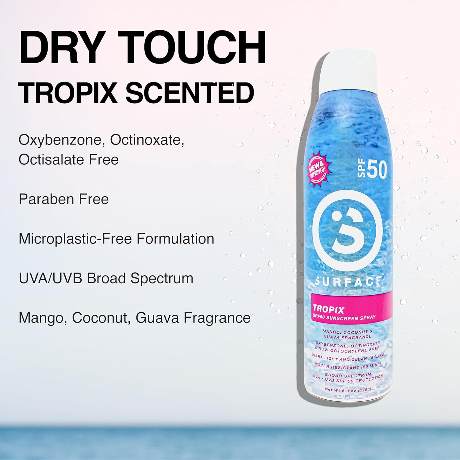 Surface Sunscreen Spray SPF 50 for Body, Lightweight Natural Formula, Reef Friendly, Broad Spectrum UVA UVB Protection, Water Resistant Sun Care for 80 Minutes Outdoor Use, Tropical Scent, 6oz-FemmiqueWomen