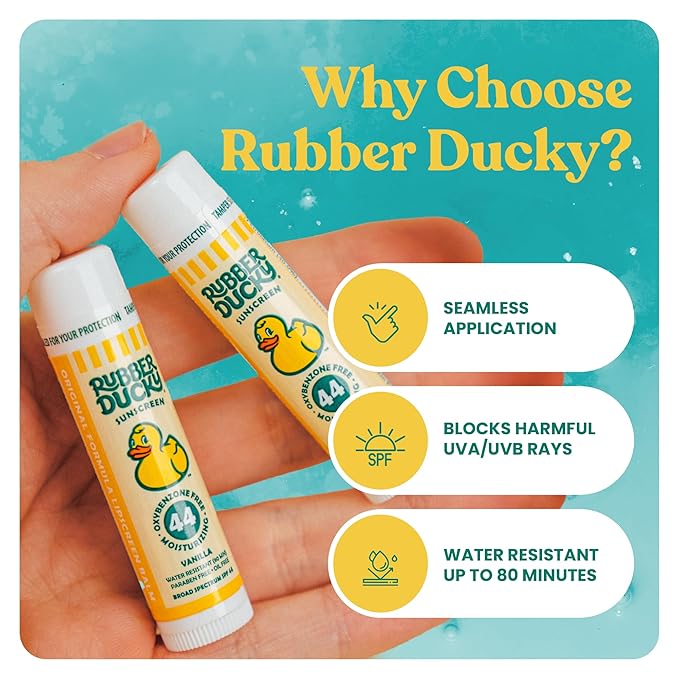 Rubber Ducky Lip Sunscreen SPF 44, Kids Vegan Lip Balm with Vitamin E, UV Protection, Water Resistant, Untinted, Vanilla Flavor, Broad Spectrum-FemmiqueWomen