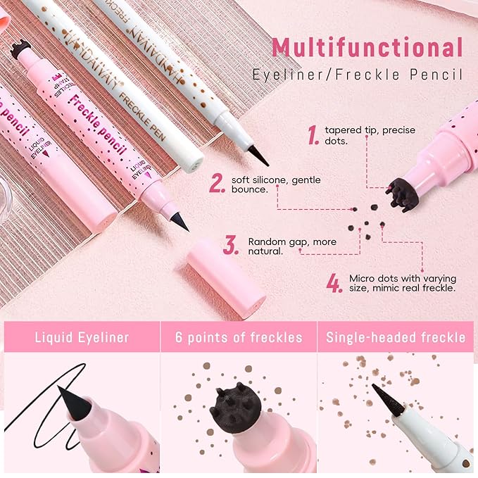 2pcs Freckle Stamp Pen with Eyeliner for Natural Lifelike Faux Freckle 2 in 1 Fake Freckles Stain Marker Pen for Waterproof Long Wear Sunkiss Makeup #Light Brown&Black-FemmiqueWomen