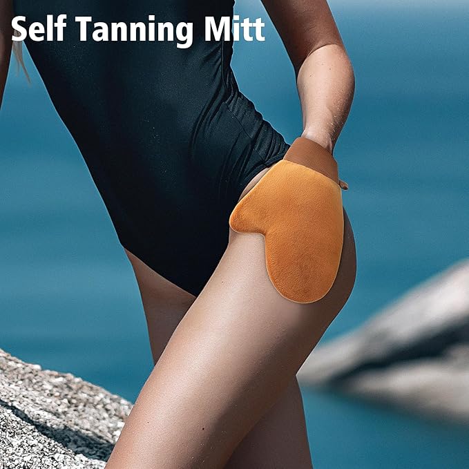 Self Tanning Brushes- Blend & Blur Extra Large Body Makeup Brush & Tanning Mitt, 2 Pcs, Kabuki Body Brush Applicator for Tan, Foundation, Self Tanner Glove for Application, Mousse, Lotion (Rose Gold)-FemmiqueWomen