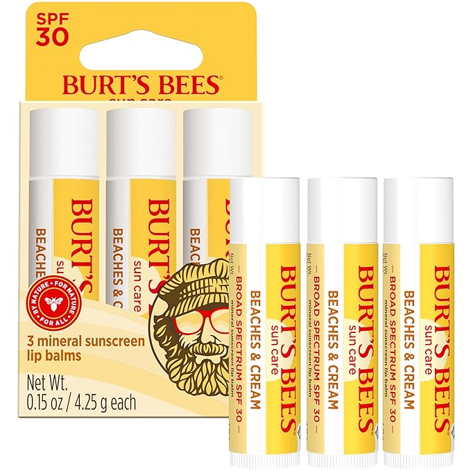 Burt’s Bees SPF 30 Lip Balm Mothers Day Gifts for Mom, Beaches and Cream, Water-Resistant Sun Care, Nano-Free Zinc Oxide Formula, Natural Origin Conditioning Lip Treatment, 3 Tubes, 0.15 oz.-FemmiqueWomen