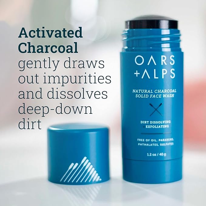Oars + Alps Exfoliating Face Wash Stick, 2-in-1 Facial Cleanser & Exfoliant with Activated Charcoal, Alpine Moss, Dermatologist Tested, Spill Free, Travel Size, 1.2 Oz-FemmiqueWomen