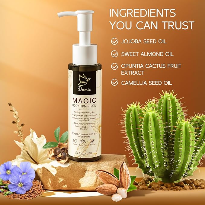 Magic Body Firming Oil, 3.38 FL OZ, Korean Skin Care Post-Shower Body Oil for Women – With 767,000ppm Jojoba Oil,to Tighten, Hydrate & Nourish Dry Skin, Lightweight & Non-Greasy for Full Body Use-FemmiqueWomen