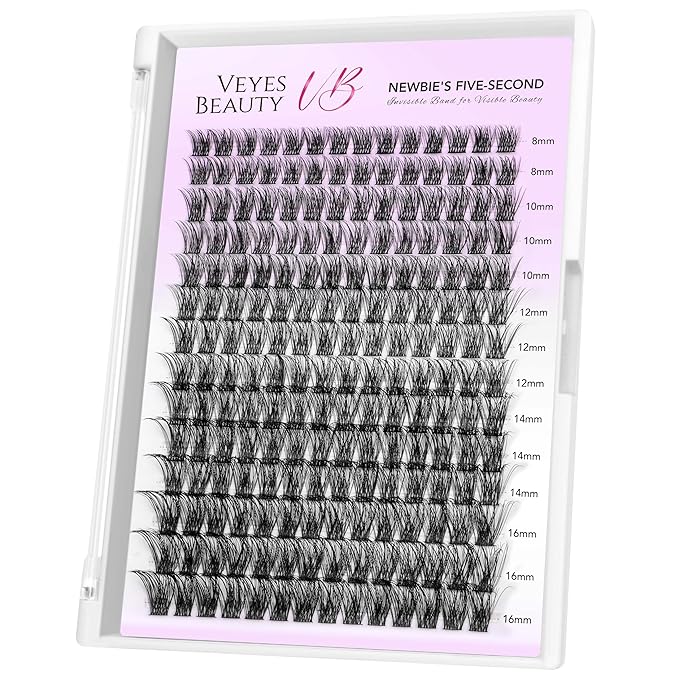 VEYESBEAUTY Lash Clusters Individual Eyelash Extensions Thin & Invisible Band DIY False Eyelashes for Self-application Newbie's Five-Second Series Wispy Lash Tray, Boldeye 8-16mm Mixed Length-FemmiqueWomen