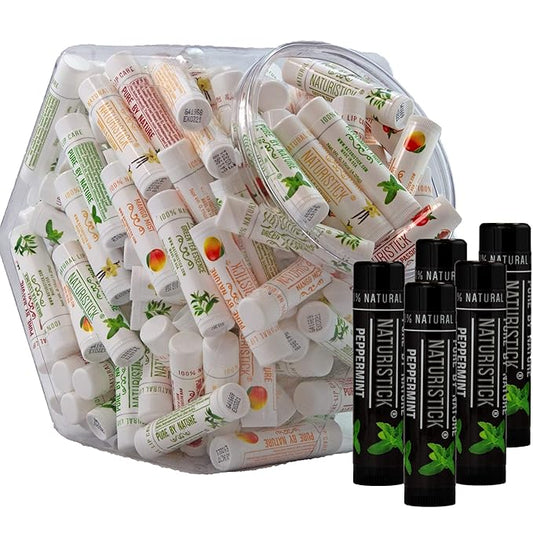 155-Pack Lip Balm in Bulk by Naturistick. Assorted Scents. 100% Natural Ingredients. Includes Display Fishbowl. Best Beeswax Chapstick for Dry, Chapped Lips. Made in USA-FemmiqueWomen