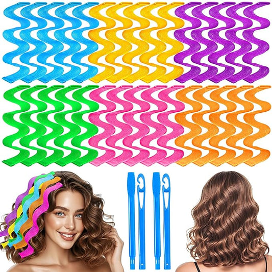 30 Pcs Heatless Hair Curlers Wave Curls Styling Kit with 2 Pcs Styling Hooks, No Heat Hair Curlers Heatless Wave Curlers for Women Girls Long Medium Short Hair (6 Colors, 30 cm/11.81 inch)-FemmiqueWomen