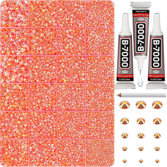 30000Pcs Resin Jelly Rhinestones Set for Crafting Bedazzling, Neon Orange AB Flatback Gems Jewels for Crafts Clothes Shoes Fabric Outfit Nails Makeup, Flat Back Crystal 2-6mm with b 7000 Glue-FemmiqueWomen