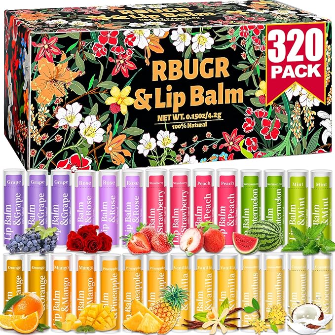 320 Pcs Lip Balm Bulk, 12 Flavored Pack of Lip Balms Natural Lip Balm Pack, Moisturising Organic Lip Balm Set for Cracked Lips, Bulk Gifts Stocking Stuffers Party Favors(4.2g/0.15oz)-FemmiqueWomen