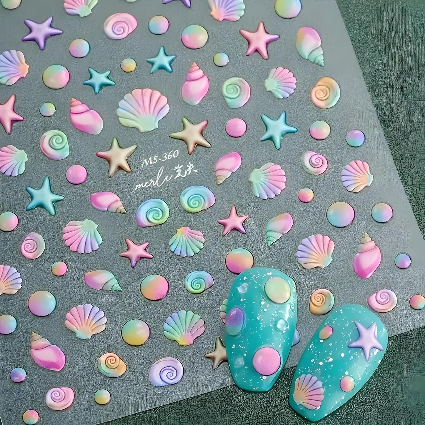 2 Sheets Starfish Nail Stickers - 5D Embossed Self-Adhesive Decals for Summer Nail Art - Colorful Beach Shell Design Supplies Decoration for Women and Girls-FemmiqueWomen