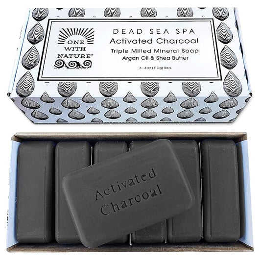 One With Nature Activated Charcoal Soap 4oz 6-Pack Gift Box – Detoxifying and Exfoliating Charcoal Soap Bar with Dead Sea Salt for Face & Body, for Men & Women-FemmiqueWomen