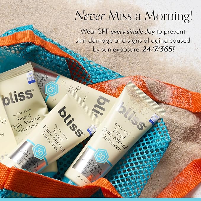 Bliss Block Star SPF 30 Daily Tinted Mineral Sunscreen with Zinc Oxide - All Skin Tones - 100% Mineral Broad Spectrum Sunscreen with Titanium Dioxide & Antioxidant Blend- 1.4 fl oz.-FemmiqueWomen