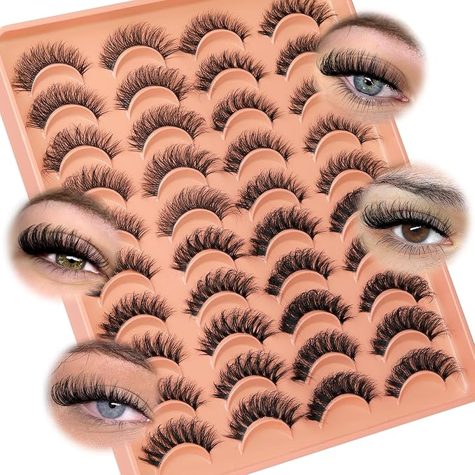 JIMIRE False Eyelashes 4 Styles Mixed Demi Wispies Cat Eye Lashes Mink Lashes Fluffy D Curl Russian Strip Lashes Natural Look Fake Lashes Pestañas 20 Pairs Pack-FemmiqueWomen