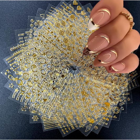 30 Sheets Gold Nail Art Stickers 3D Self-Adhesive Nail Decals Gold Line Star Nail Stickers for Acrylic Nails Gold Leaf Diamond Nail Supplies for Women-FemmiqueWomen